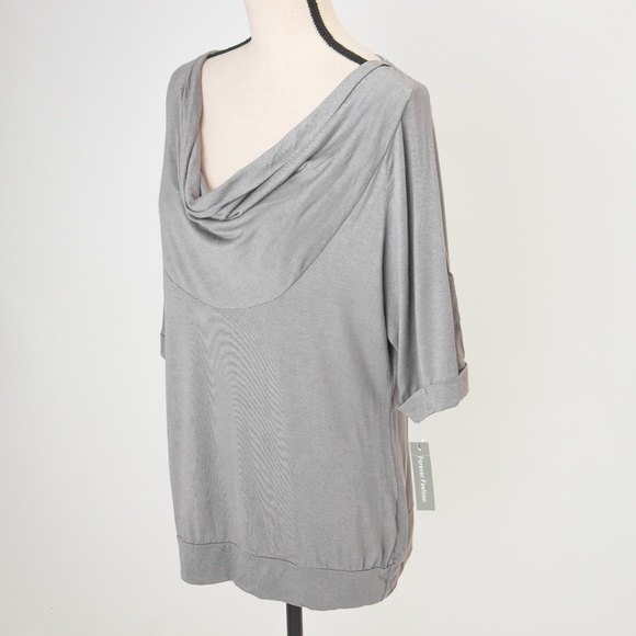 Neutral gray drape neck cowl neck soft stretchy top XL Forever Fashion soft - Picture 3 of 13